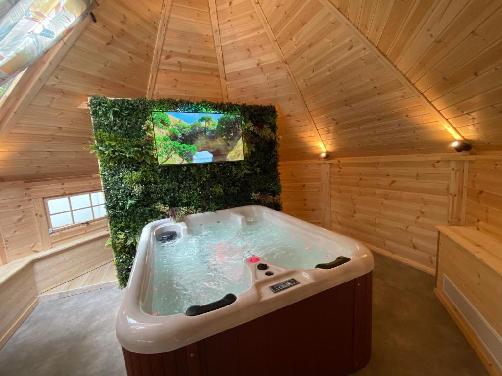 a large bath tub in a room with a tv at Les hebergements Insolites in Taradeau