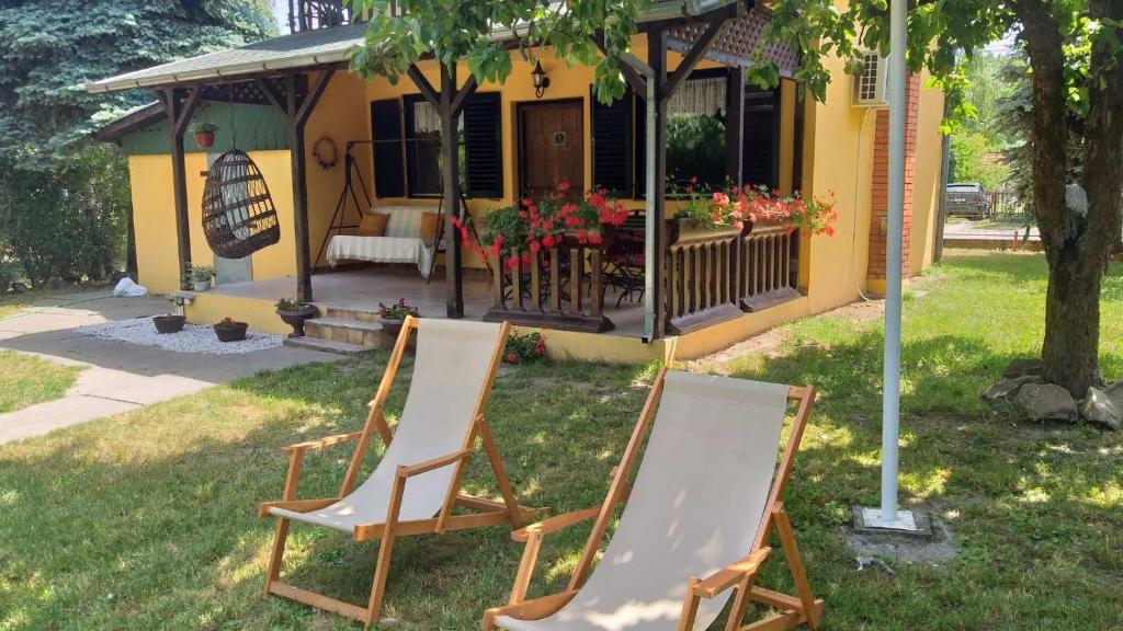 two chairs sitting in the grass in front of a house at Kuca Ribarev san in Beočin
