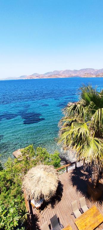 a view of a beach with chairs and the ocean at Fatolitis Studios in Masouri