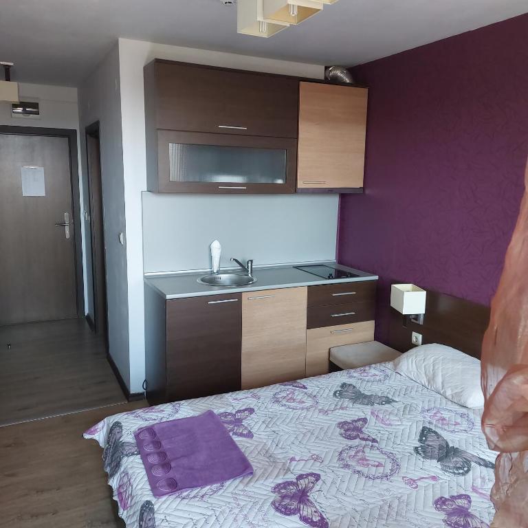 Un dormitorio con una cama y un lavabo y una cocina. en Комплекс Александьр между Банско и село Бяня, en Bansko