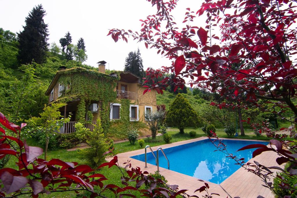 a house and a swimming pool in front of a house at Villa River Village in Trabzon