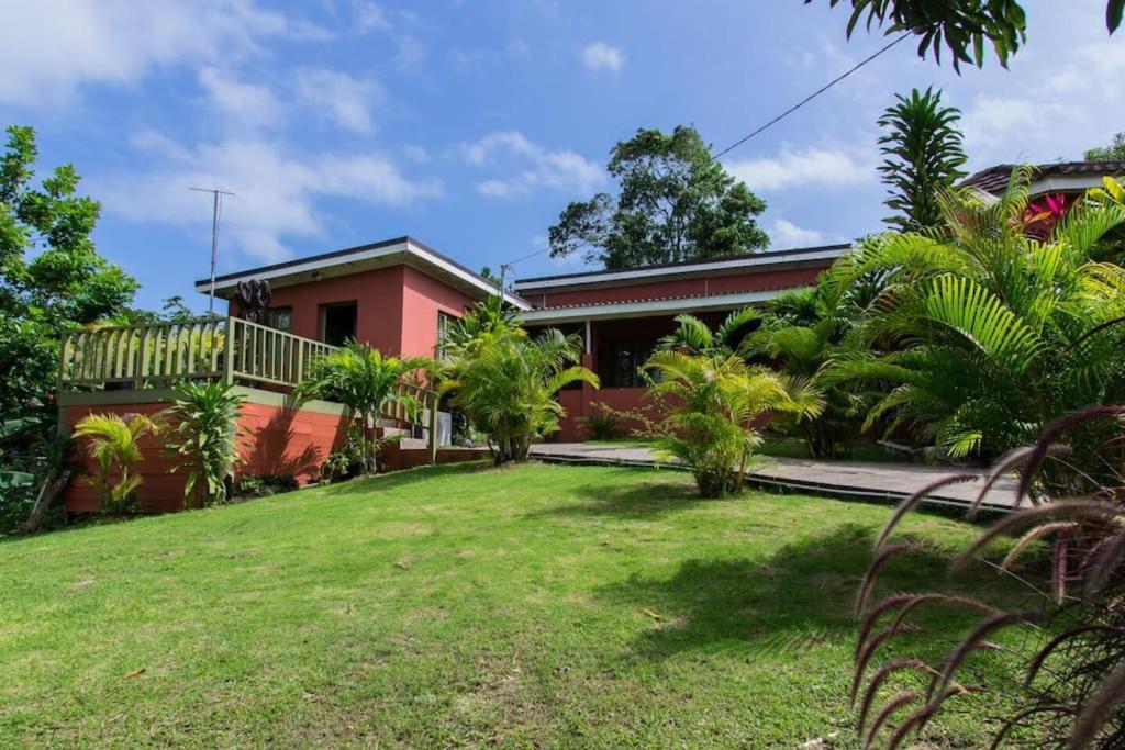 una casa con un patio verde delante de ella en Sinopia Inn en Port Antonio