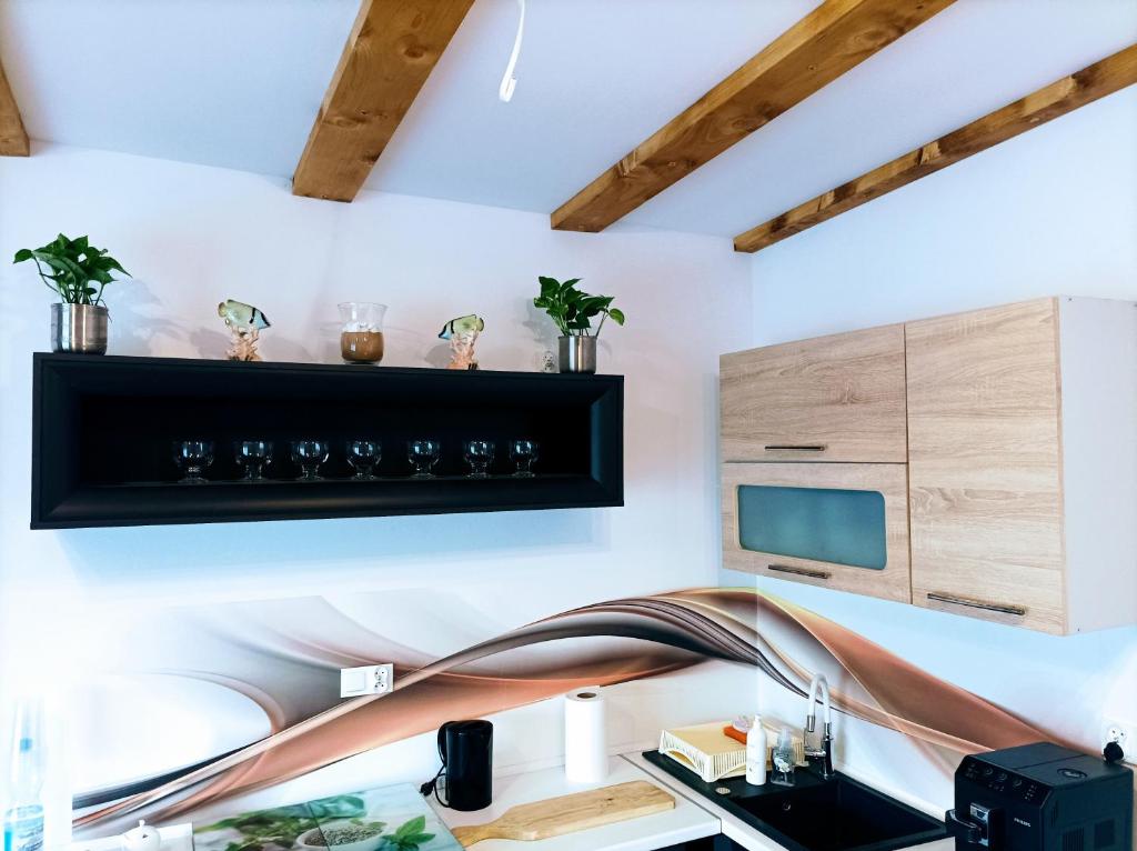 a kitchen with a counter top and a shelf at Jasień 77 B in Czarna Dąbrówka