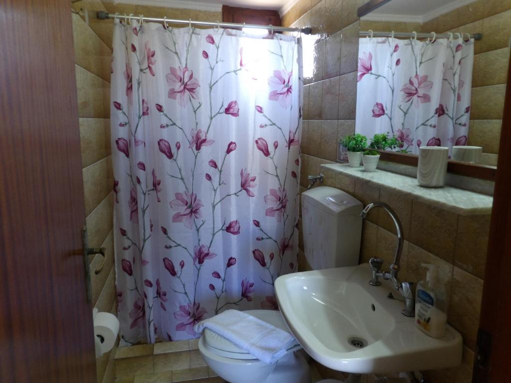 łazienka z umywalką, toaletą i zasłoną prysznicową w obiekcie TEO 1 Apartment w mieście Guwes