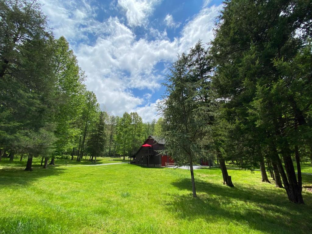 une grange au milieu d'un champ planté d'arbres dans l'établissement Shadow Mountain Escape Cabin Rentals, à Luray