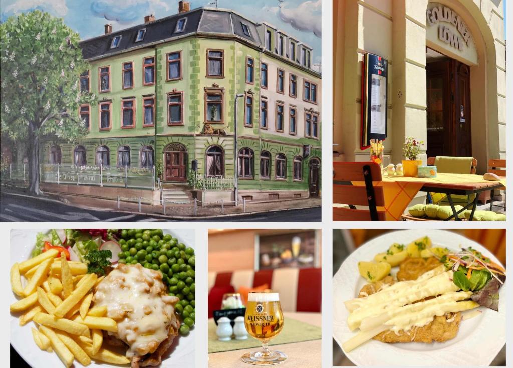 eine Collage mit Bildern von Lebensmitteln und einem Gebäude in der Unterkunft Traditionsgasthaus Goldener Löwe Riesa Restaurant & Pension in Riesa