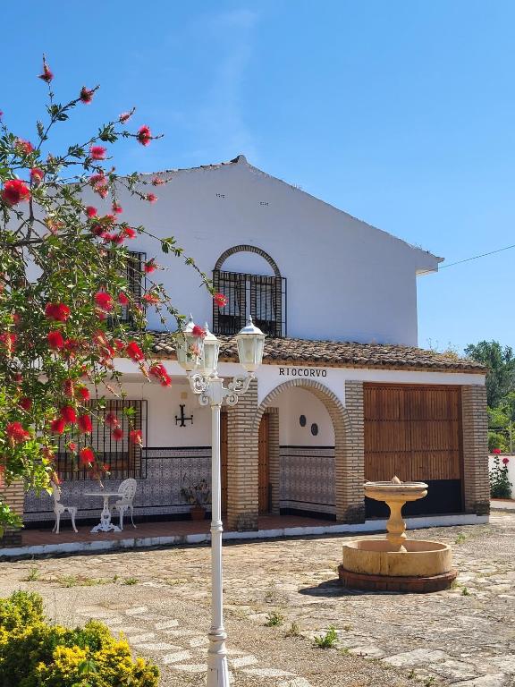 a street light in front of a building with a fountain at Riocorvo in Rute