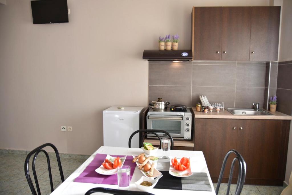 Kuchyň nebo kuchyňský kout v ubytování Anemomylos Apartments