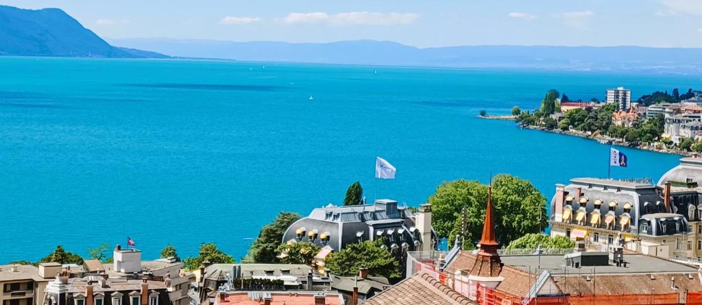 vistas a la ciudad y a un cuerpo de agua en La plus belle vue du lac Léman, en Montreux