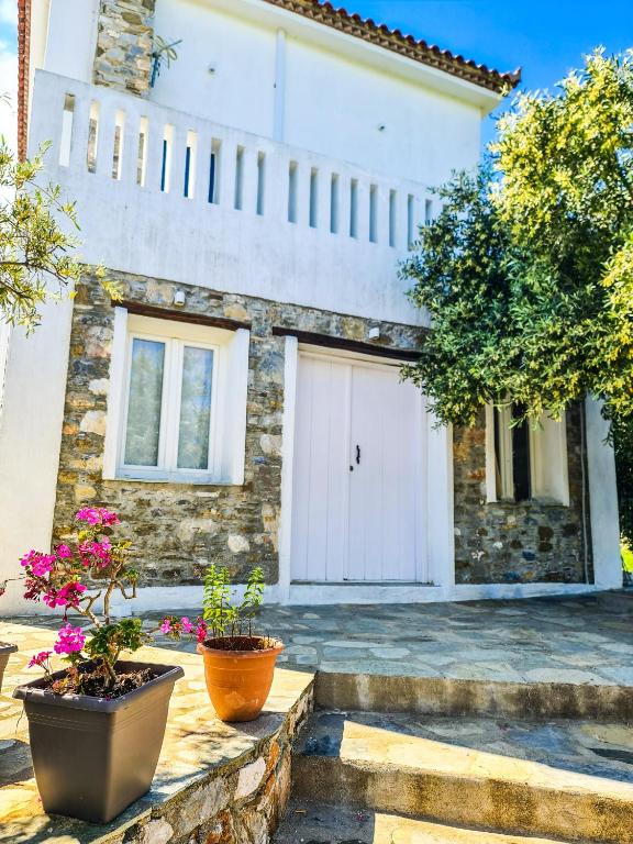 a house with a white door and some plants at Lionaki House in Skopelos Town