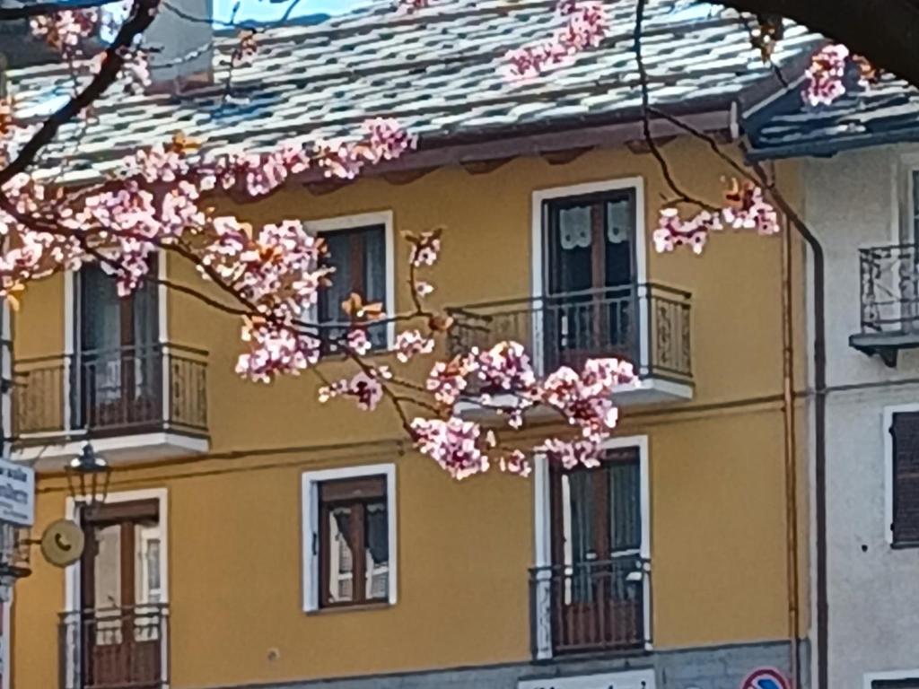 un bâtiment jaune avec des fleurs roses devant lui dans l'établissement Il Larice, à Salabertano