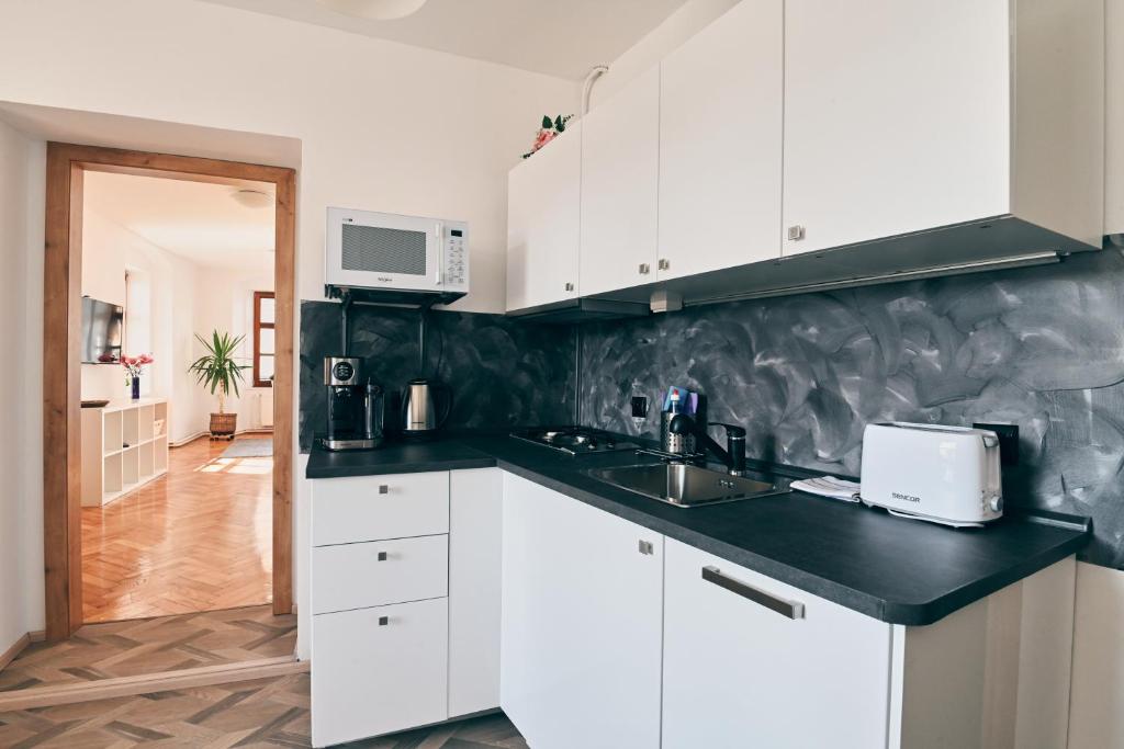 una cucina con armadi bianchi e piano di lavoro nero di Kutna Hora new apartment a Kutná Hora