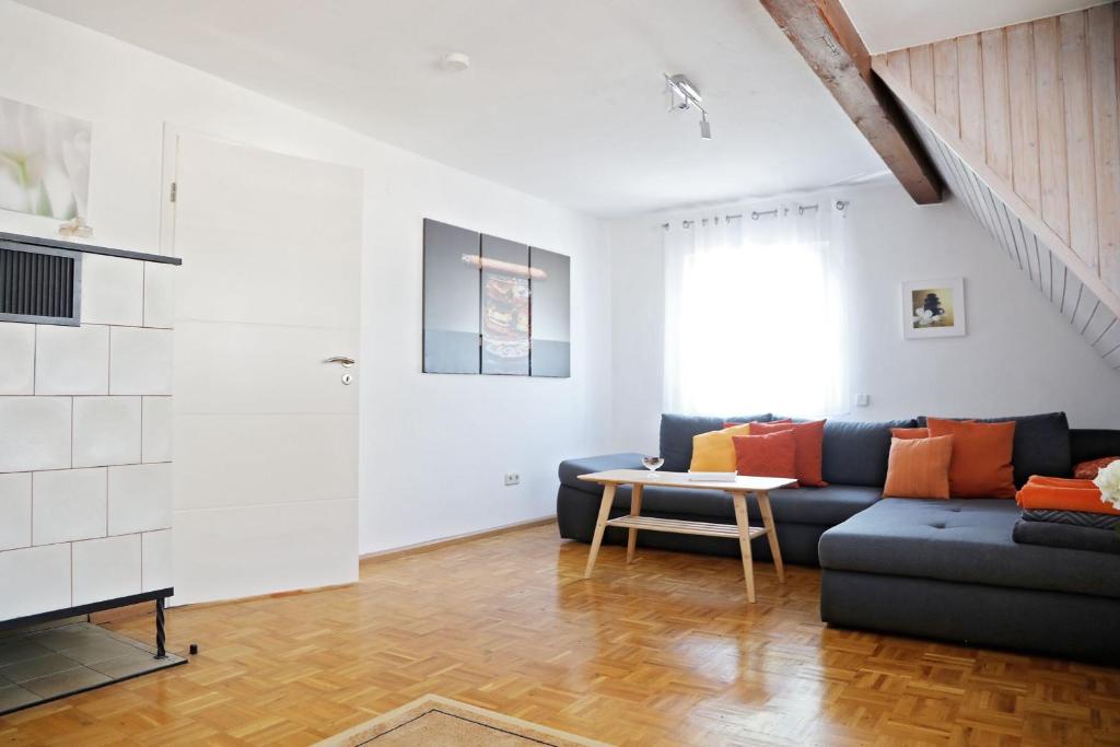 ein Wohnzimmer mit einem blauen Sofa und einem Tisch in der Unterkunft Ferienwohnung 3land Reisen in Neuenburg am Rhein