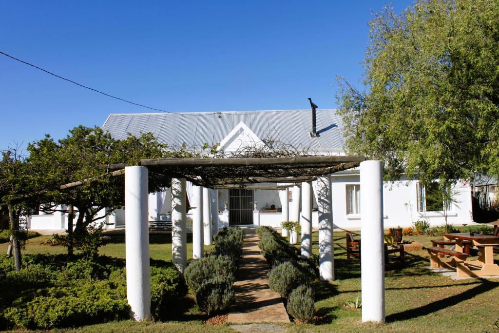 a pergola in front of a white house at 86 on Jubilee in Oudtshoorn