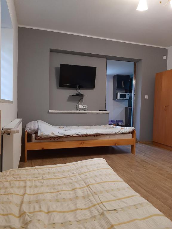 sypialnia z łóżkiem i telewizorem z płaskim ekranem w obiekcie Kwatery pracownicze Łódź w Łodzi