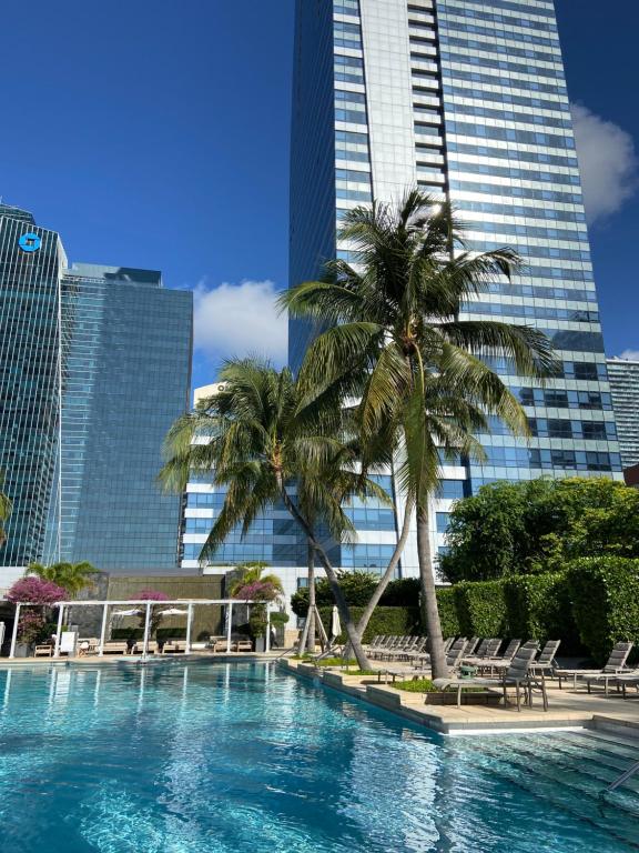 een zwembad met een palmboom en gebouwen bij Four Seasons Hotel Miami - Luxury Private Residences in Miami
