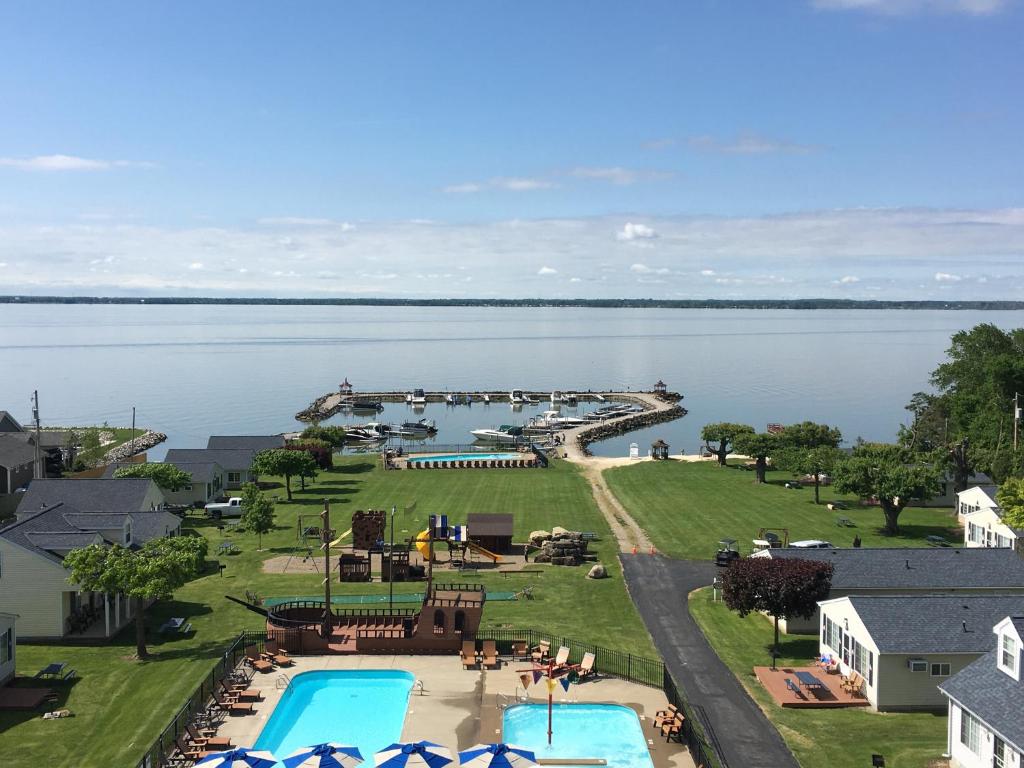 an aerial view of a resort on the water at South Beach Resort Hotel in Marblehead