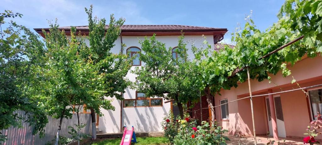 dom z drzewami przed nim w obiekcie Agropensiunea Olteanu w mieście Niculiţel