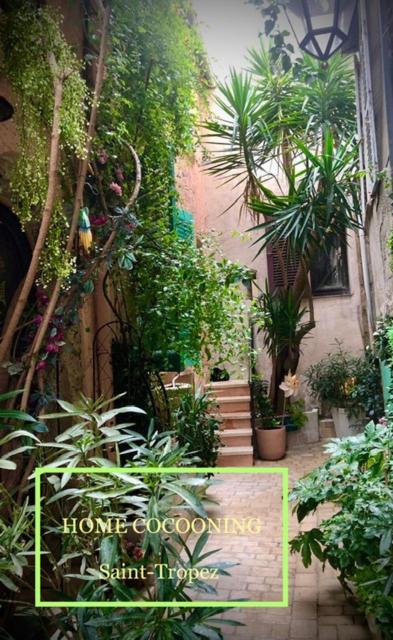 un jardin avec des plantes et un panneau devant un bâtiment dans l'établissement Petite maison mitoyenne au cœur de Saint tropez, à Saint-Tropez