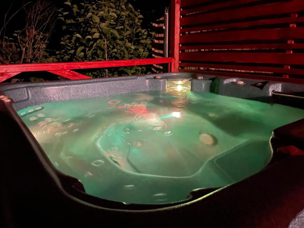 - un bain à remous avec de l'eau verte la nuit dans l'établissement Zemplén Gyöngye Vendégház, à Erdőhorváti