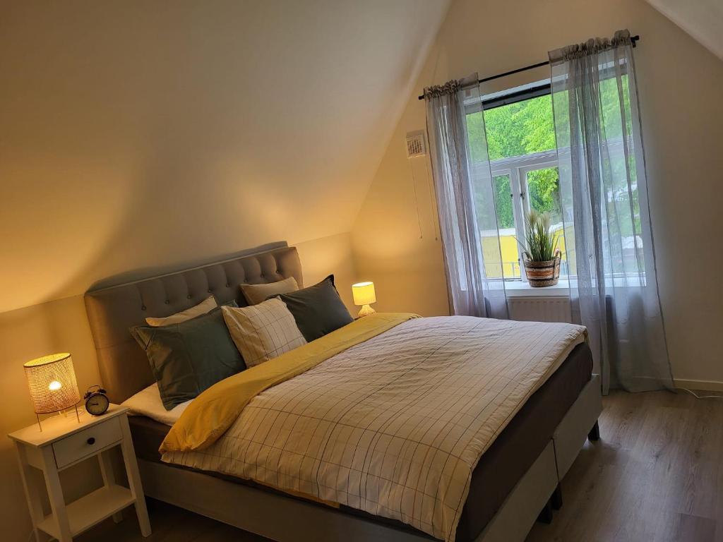 a bedroom with a large bed with a window at Bambina's Guest House in Kristianstad