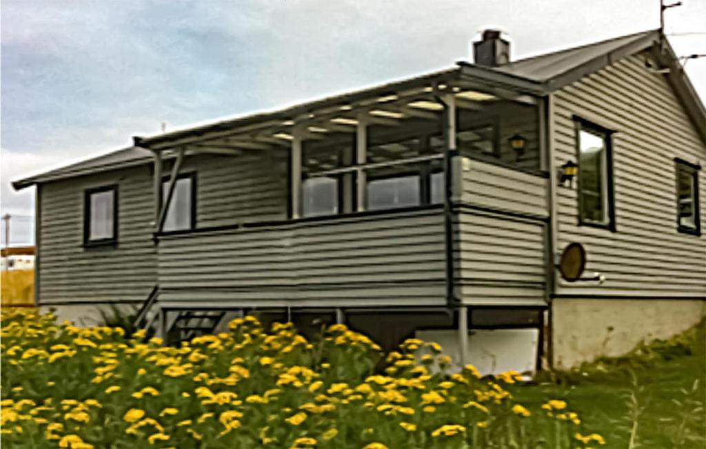 a house sitting on top of a field of flowers at Cozy Home In Repvg With House A Panoramic View in Repvåg