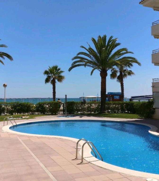 a large swimming pool with palm trees and the ocean at PRIMERA LINEA DE PLAYA VILAFORTUNY in Vilafortuny