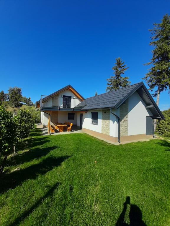una casa con un prato verde davanti di Haloze na dlani - Haloze in your hand, hiša s pogledom na hribe - a house vith a view of hills a Gruškovec