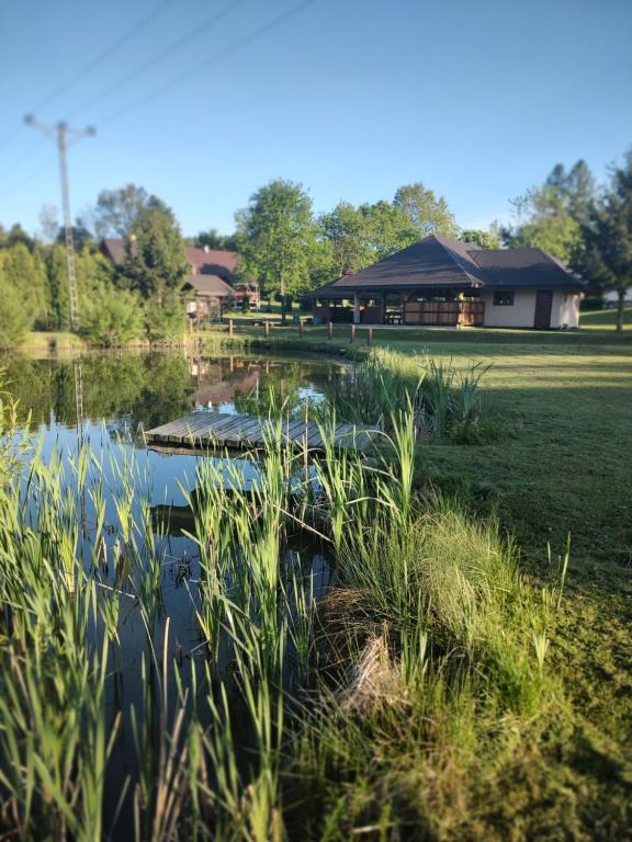 a pond with a gazebo in a park at Domki Żaklin in Polańczyk