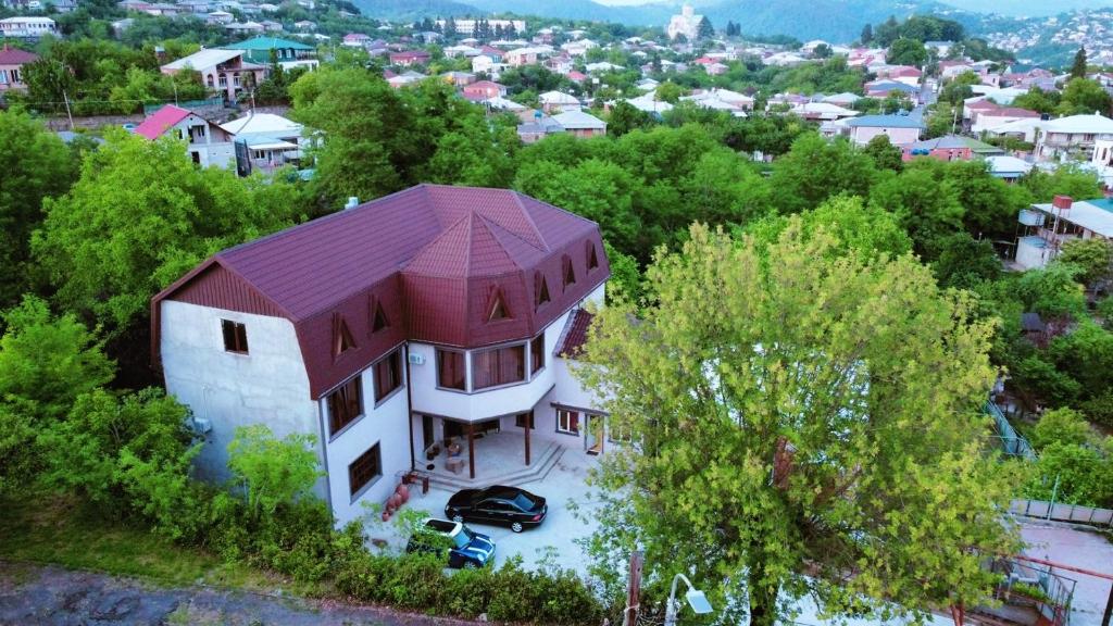 an aerial view of a house with a red roof at Inaisi Hotel in Kutaisi