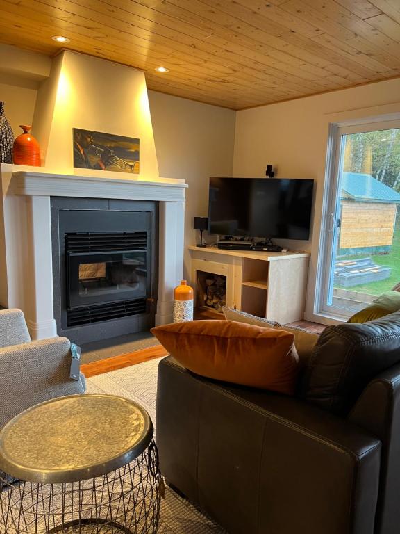 ein Wohnzimmer mit Couch und Kamin in der Unterkunft Paradis de Charlevoix - Loft in Baie-Saint-Paul