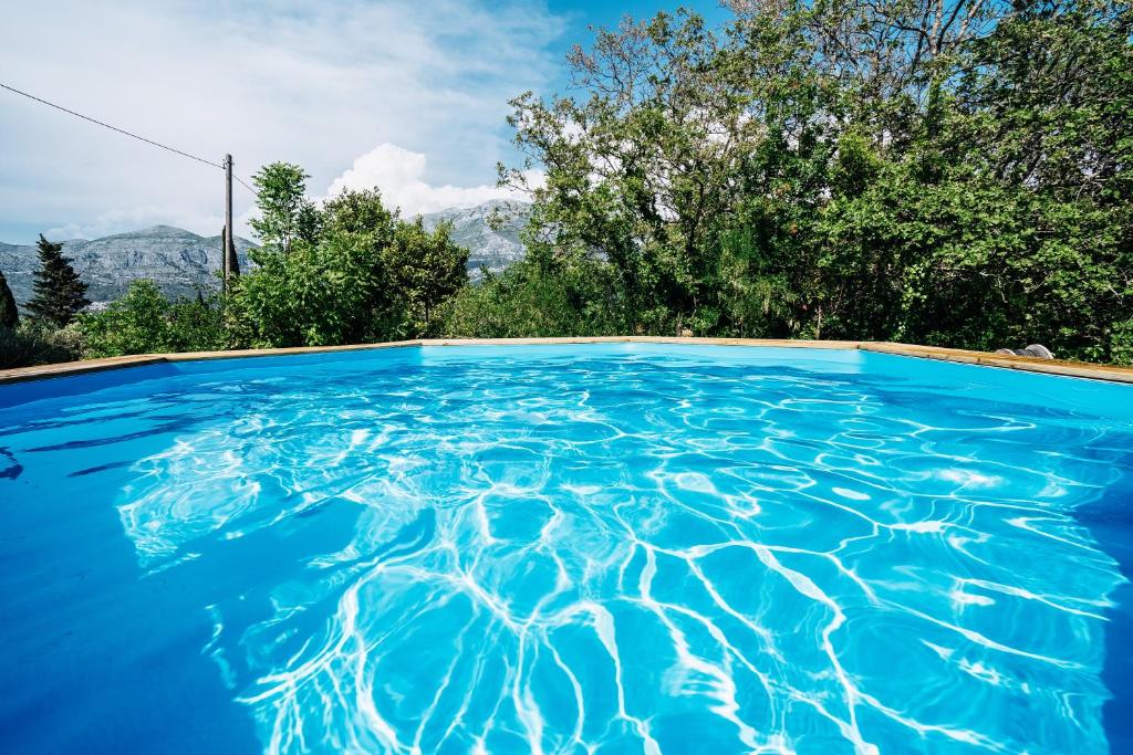 una piscina de agua azul con árboles y montañas en Green Hill Apartment, en Komaji
