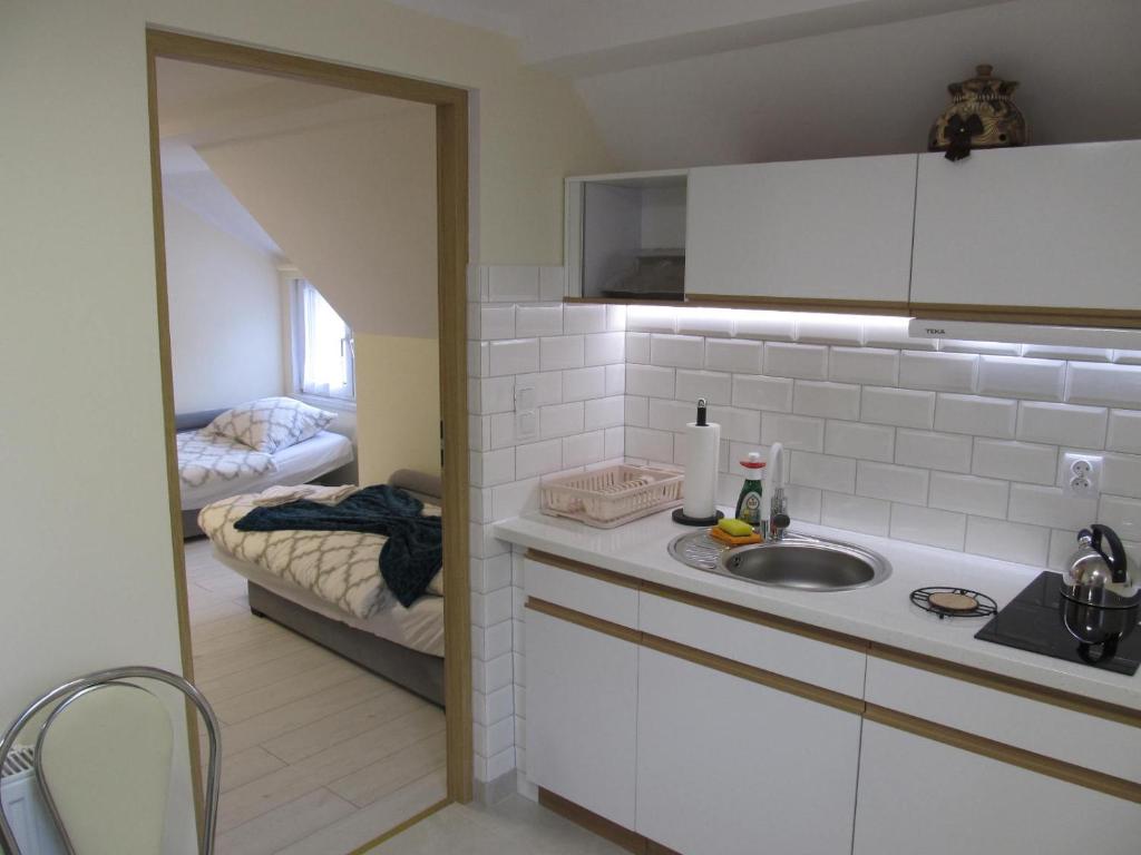 a kitchen with a sink and a room with a bed at Apartamenty Anagora Kotlina Kłodzka II in Nowa Ruda
