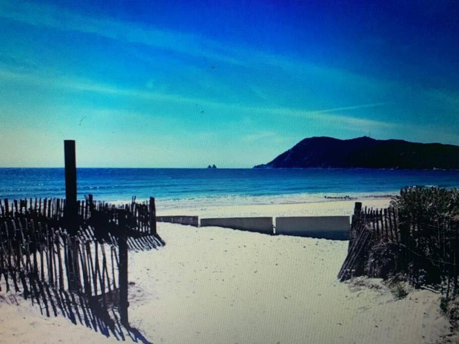 une plage avec l'océan et une clôture en bois dans l'établissement Studio ROMY les pieds dans l'eau 10 m de la mer, à La Seyne-sur-Mer