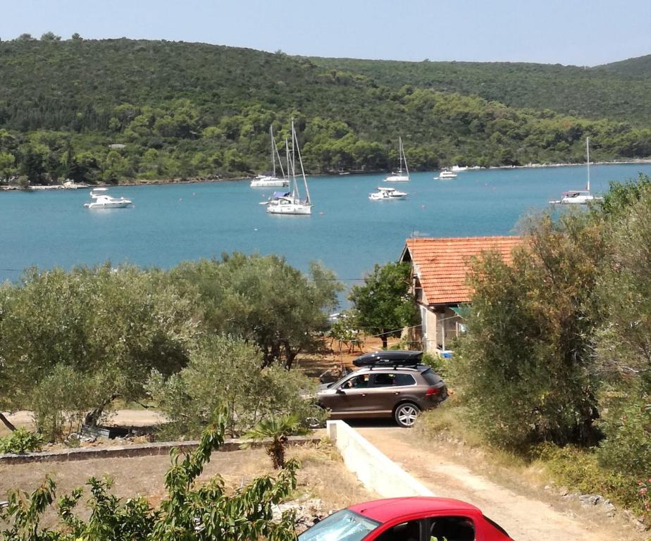 a car parked on a road next to a lake with boats at Apartman Kastelanic in Brbinj