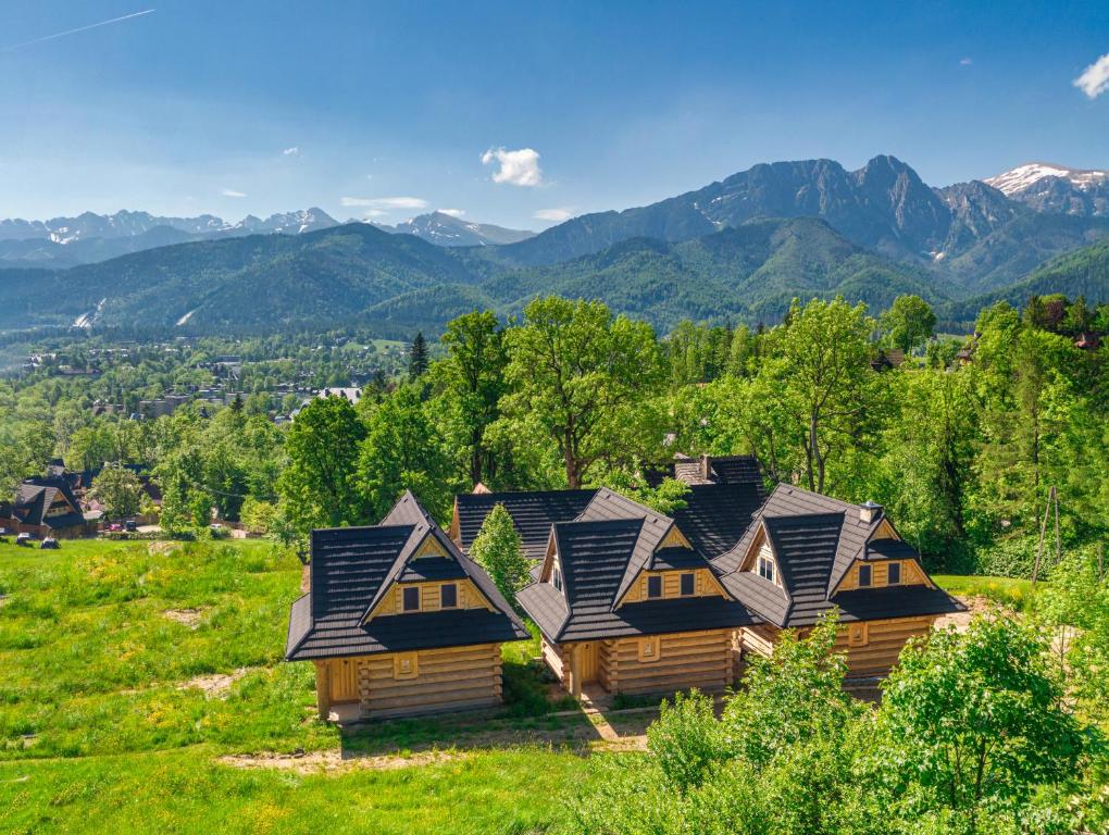 un grupo de casas en una colina con montañas en el fondo en Osada Gąsienica Centrum Zakopane en Zakopane