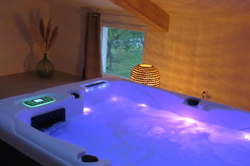 - une grande baignoire bleue dans une chambre avec fenêtre dans l'établissement LE MAS de PAUL, à Saint-Julien-de-Cassagnas