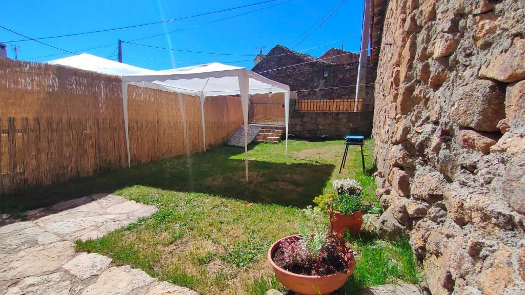 un patio trasero con una sombrilla blanca y algunas plantas en Antiguo Consistorio, en San Martín de la Vega del Alberche