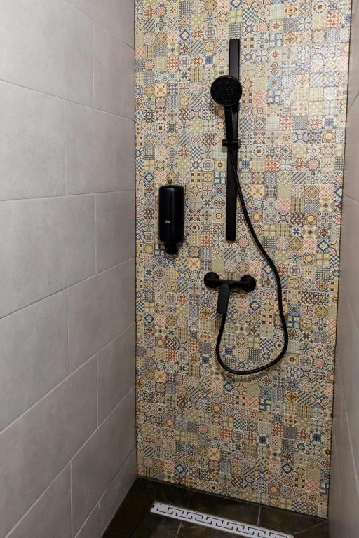 a bathroom with a shower with a phone on the wall at Vila Blanc Valiug Crivaia in Văliug