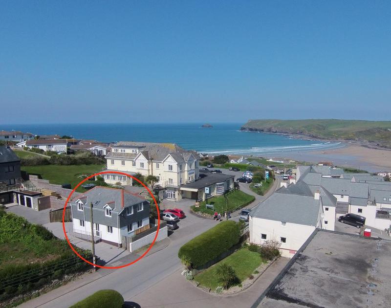 an aerial view of a house with a red circle at Polmorla in Polzeath