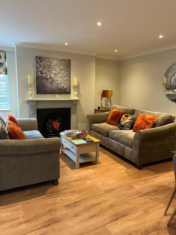 uma sala de estar com dois sofás e uma lareira em Luxury Refurbished 2 Bedroom Regency Apartment em Cheltenham