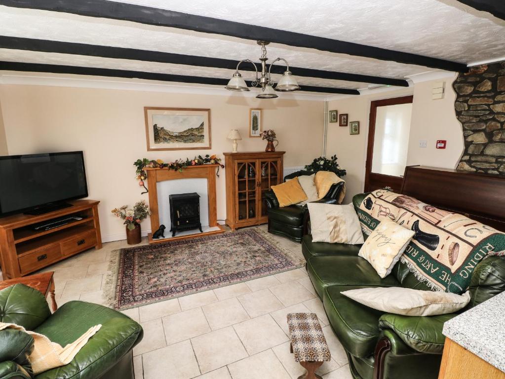 a living room with a couch and a fireplace at Y Cartws in Llandysul
