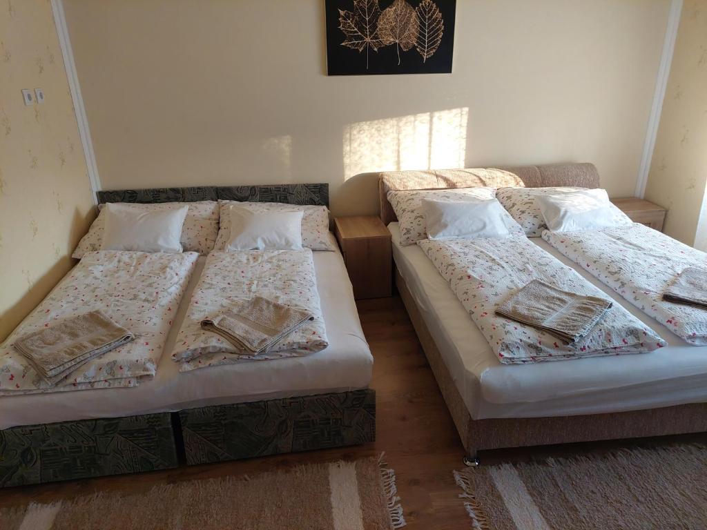 A bed or beds in a room at Evelin vendégház