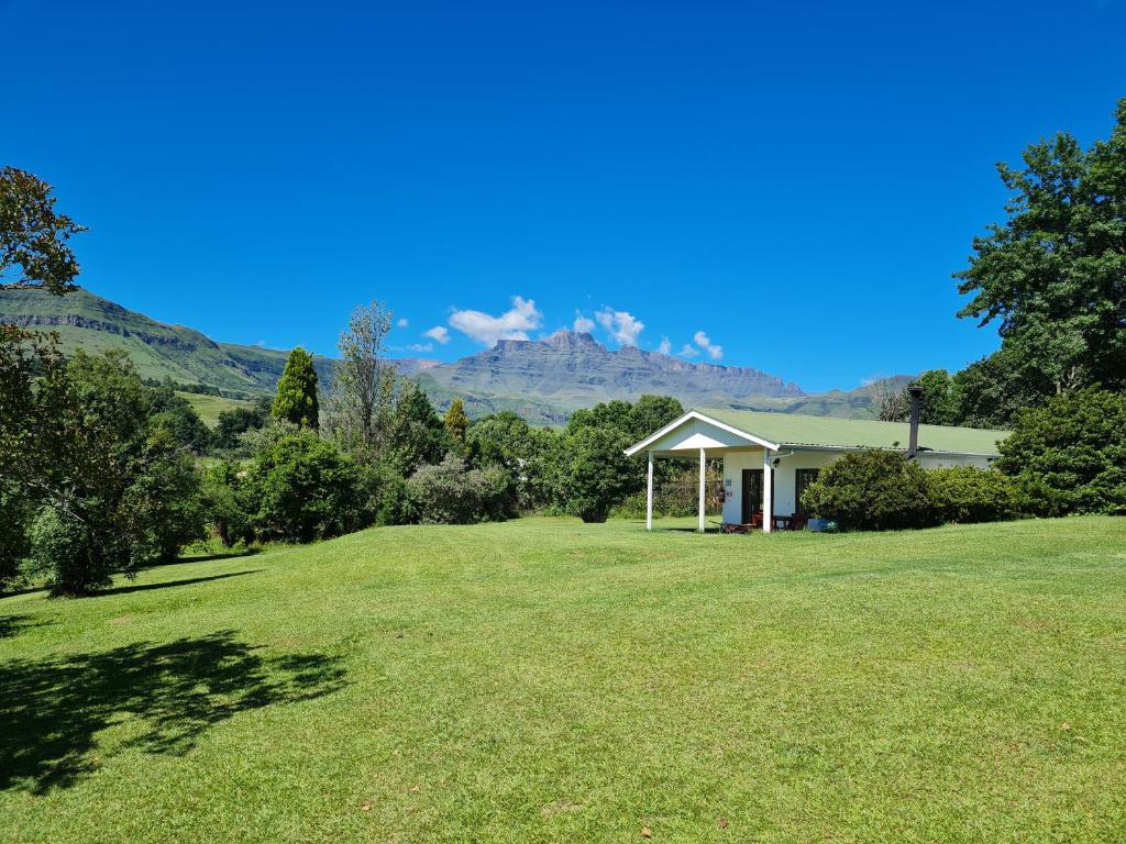a house in a field with mountains in the background at Swallowfield Cottage in Champagne Valley