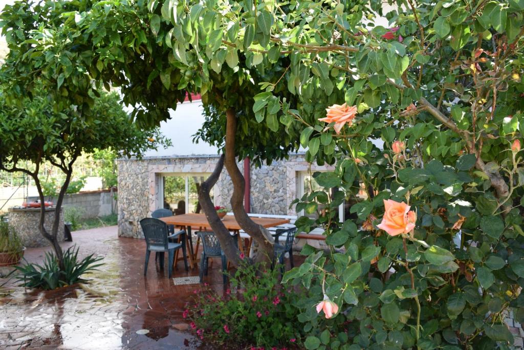 a table and chairs in a garden with trees at Guardia Piemontese: Ideale per Mare e Terme in Guardia Piemontese Terme