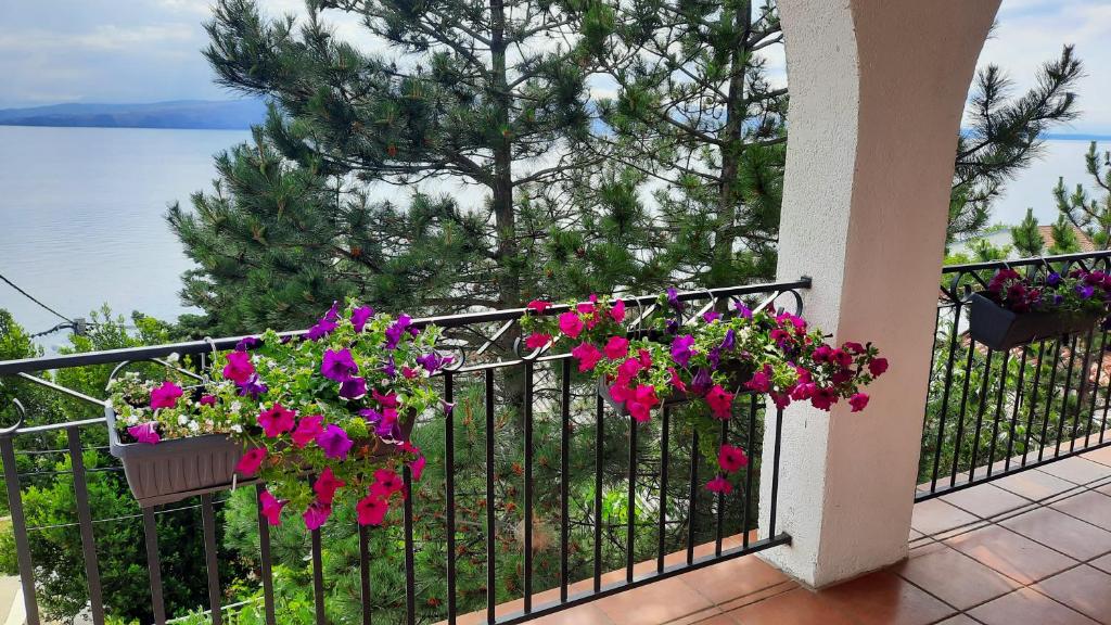 a balcony with flowers hanging from a fence at Vlatković in Senj