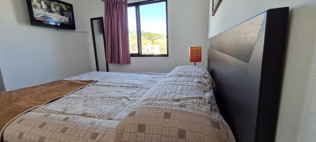 1 dormitorio con 1 cama grande y TV en Lindas Vistas Apartment, en Piriápolis