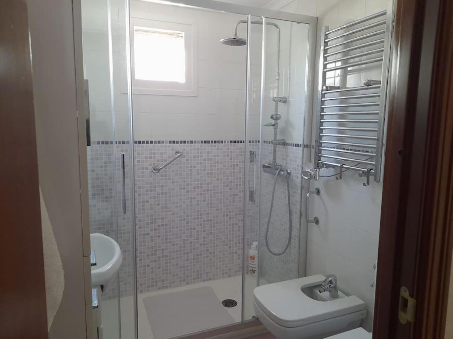 łazienka z prysznicem, toaletą i umywalką w obiekcie Bonito apartamento a 50 metros de la playa. w mieście San Luis de Sabinillas
