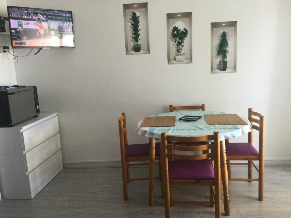 Televízia a/alebo spoločenská miestnosť v ubytovaní studio cabine piscine au couchant