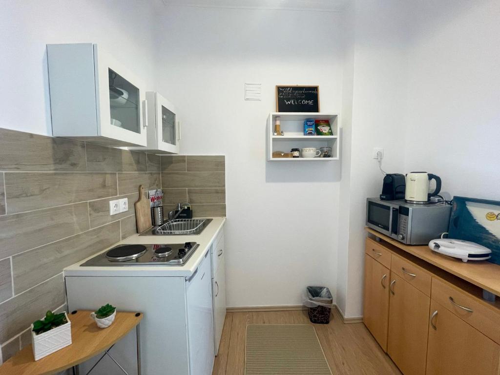 małą kuchnię z kuchenką i kuchenką mikrofalową w obiekcie Zoe Apartments No 6 , Hydra Island Greece w mieście Hydra